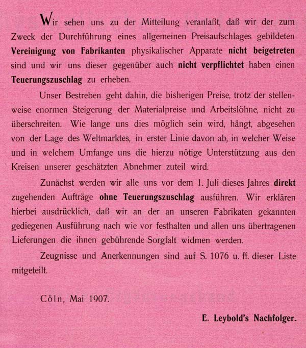 Beileger in: Leybold: Erster Nachtrag zum Preisverzeichnis physikalischer Apparate. 1907.
